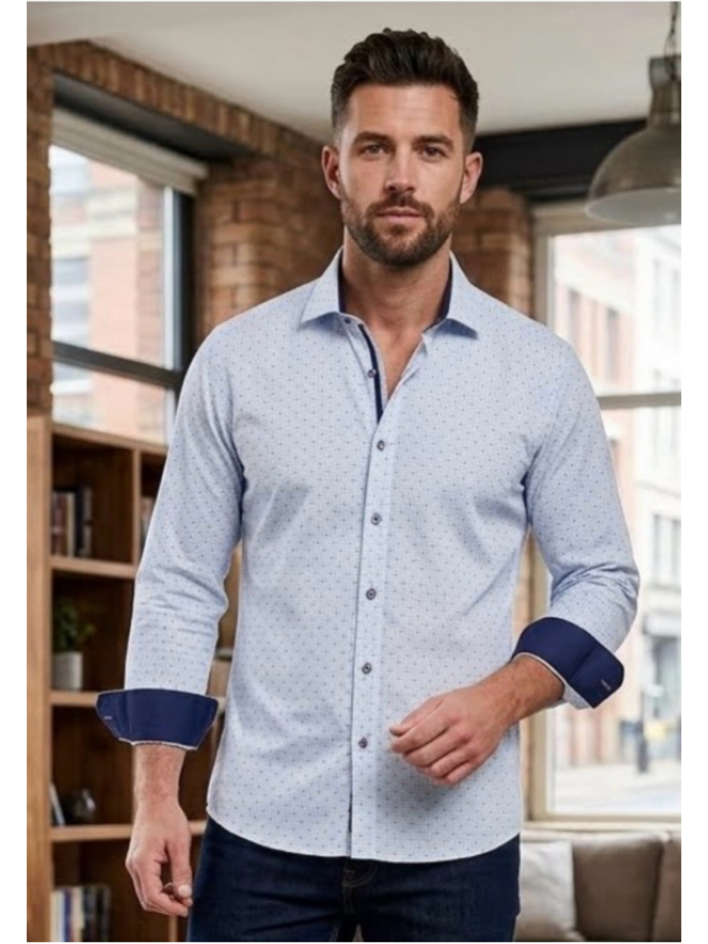 House of Cavani Blue White Micro Geometric Print Contrast Flip Cuff Shirt M 2131